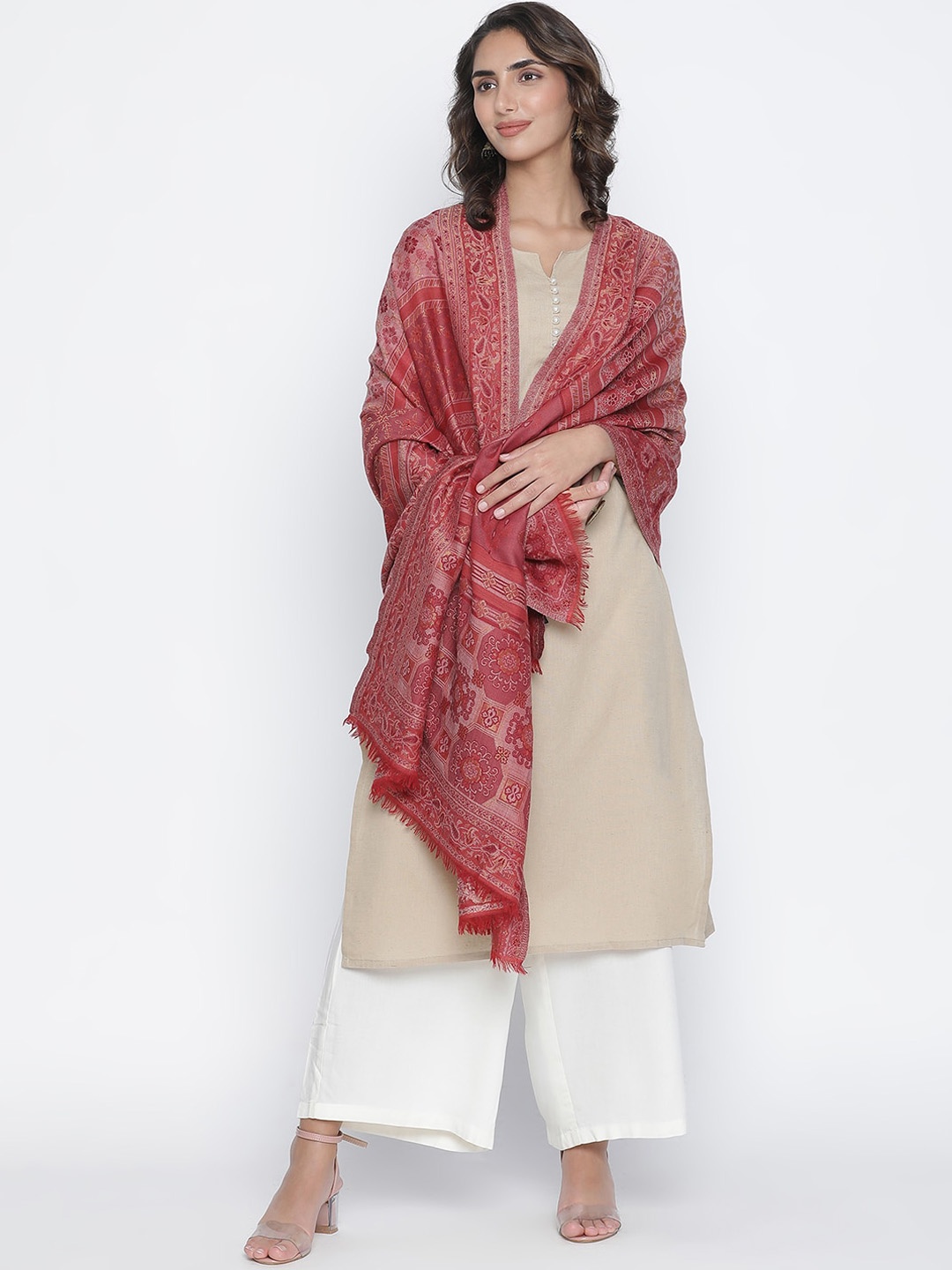 

SHINGORA Women Red & Cream Ethnic Motifs Woven Fringed Shawl