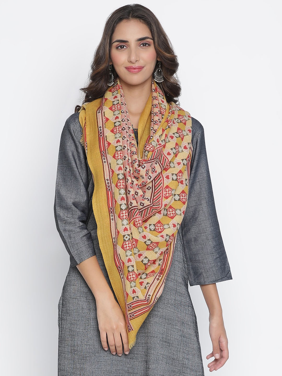 

SHINGORA Women Mustard Yellow & Maroon Embroidered Wool Shawl