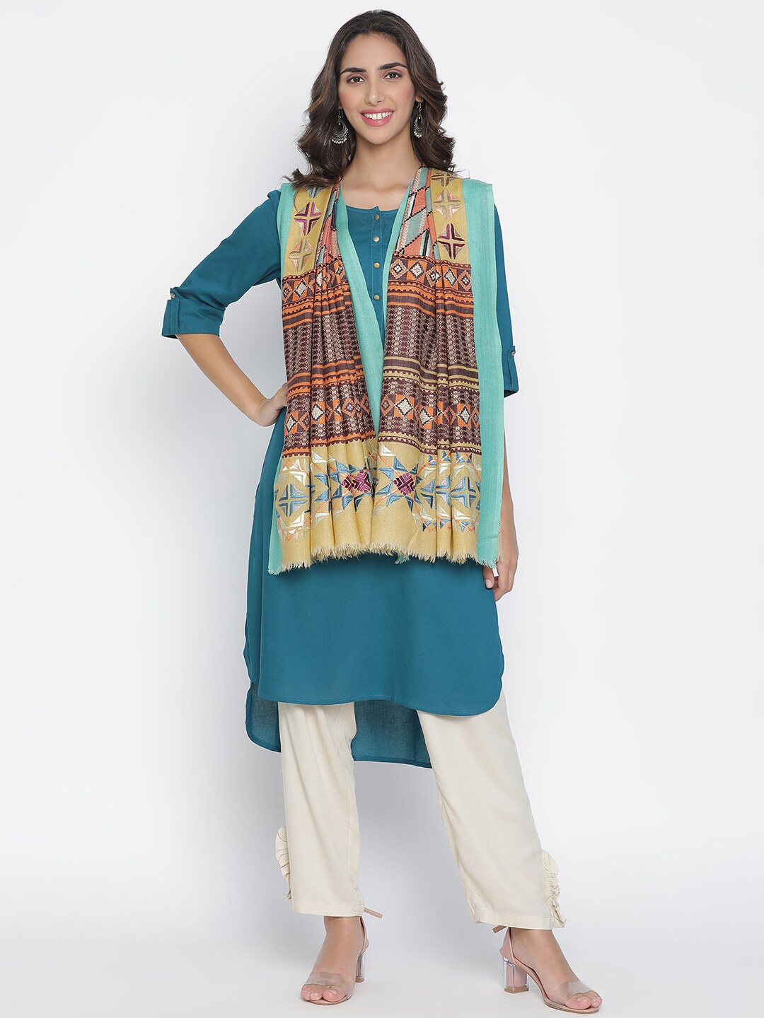 

SHINGORA Women Mustard Yellow & Blue Embroidered Pure Wool Shawl