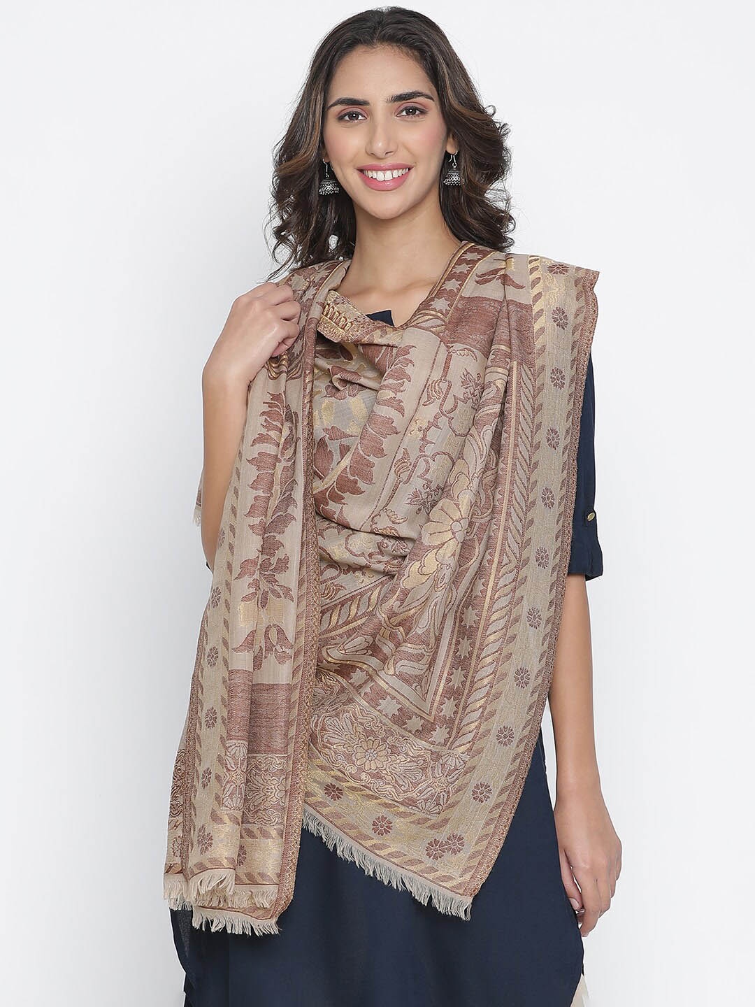 

SHINGORA Women Grey & Maroon Woven Design Shawl