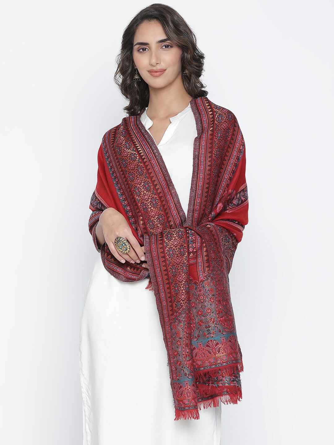 

SHINGORA Women Maroon & Blue Ethnic Motifs Woven-Design Shawl