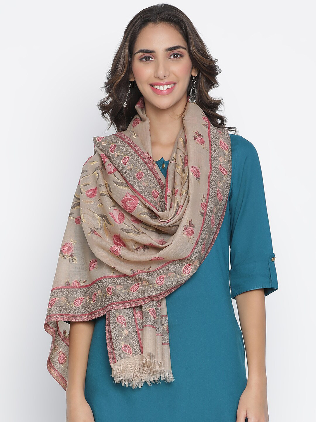 

SHINGORA Women Beige & Pink Woven Design Shawl