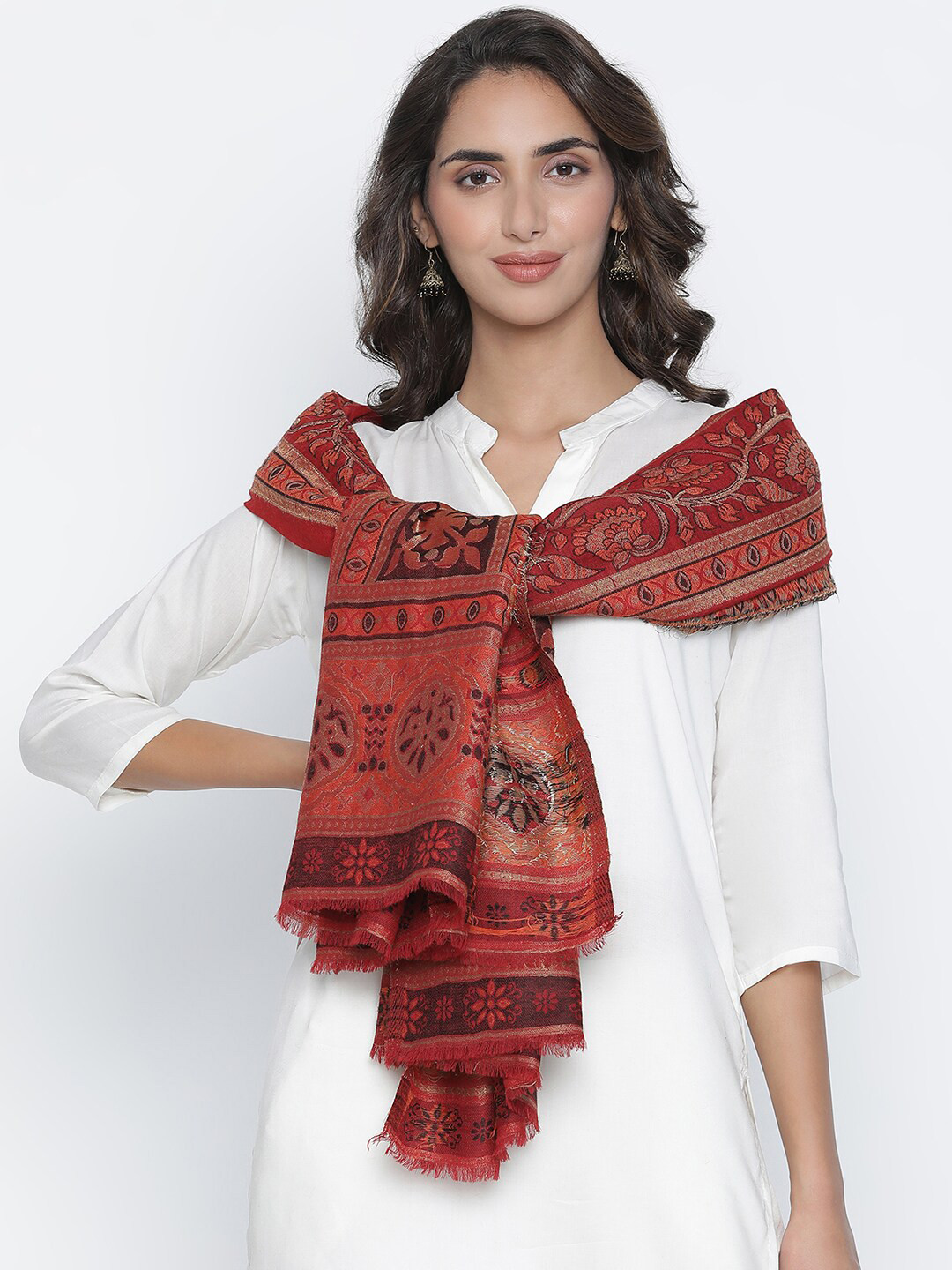

SHINGORA Women Maroon & Gold Ethnic Motif-Printed Woven-Design Shawl