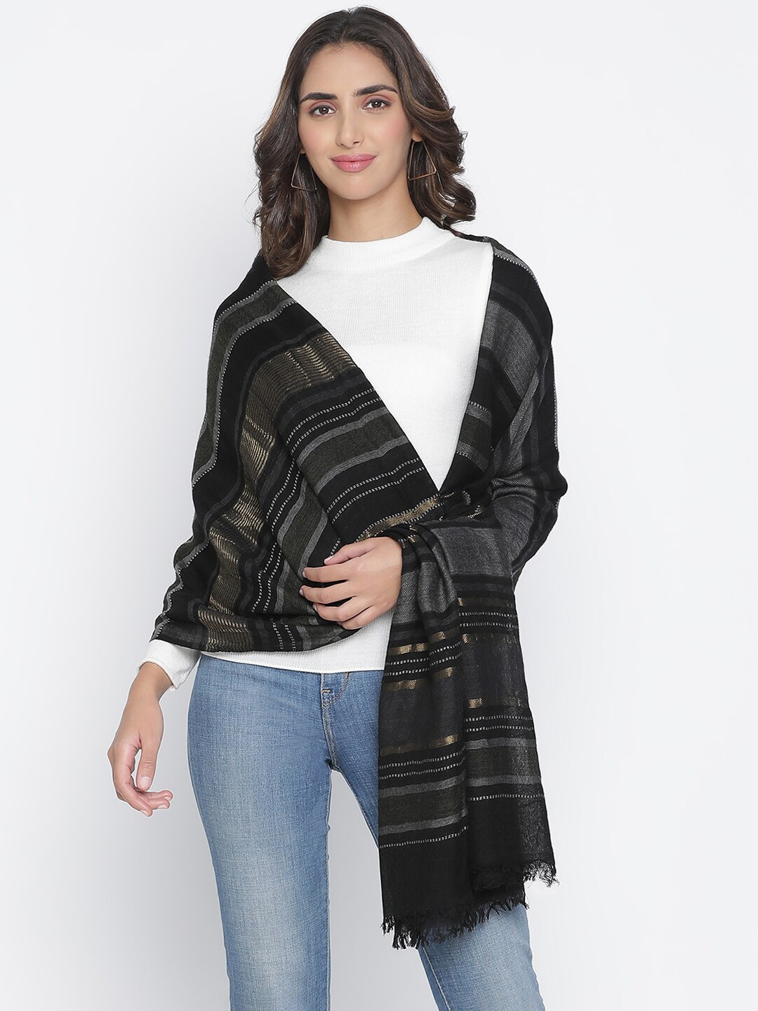 

SHINGORA Women Black & Grey Striped Woolen Shawl