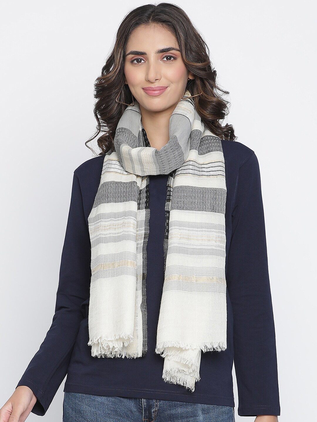 

SHINGORA Women Off White & Grey Striped Woven Design Shawl