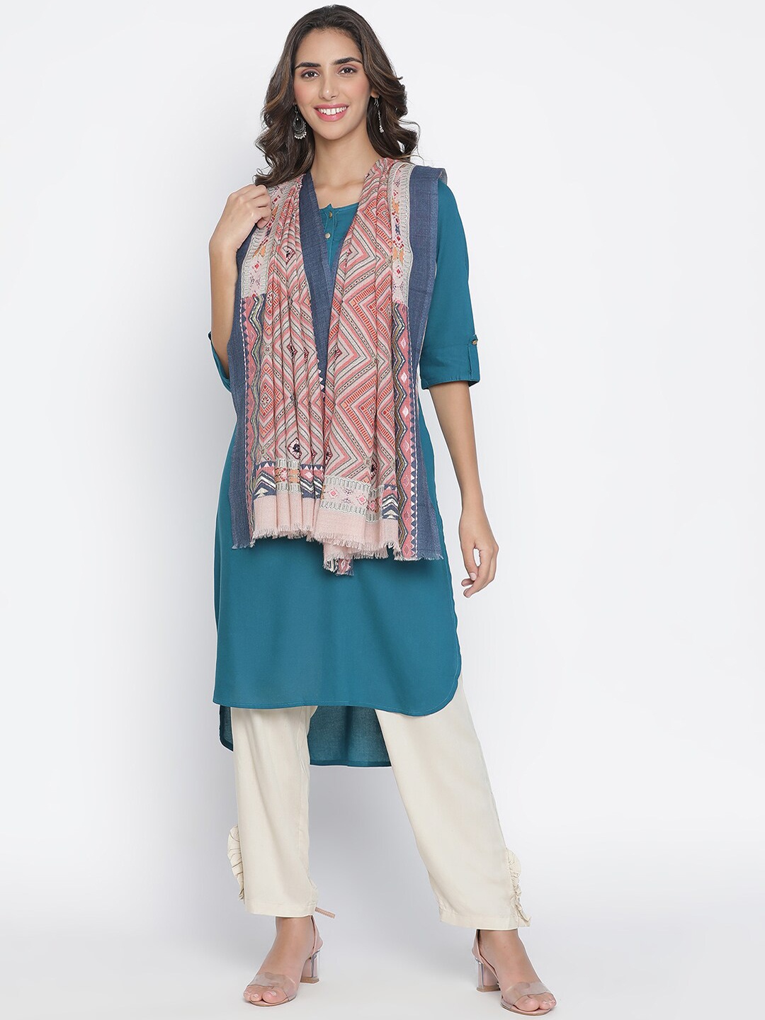 

SHINGORA Women Pink & Grey Embroidered Geometric Shawl