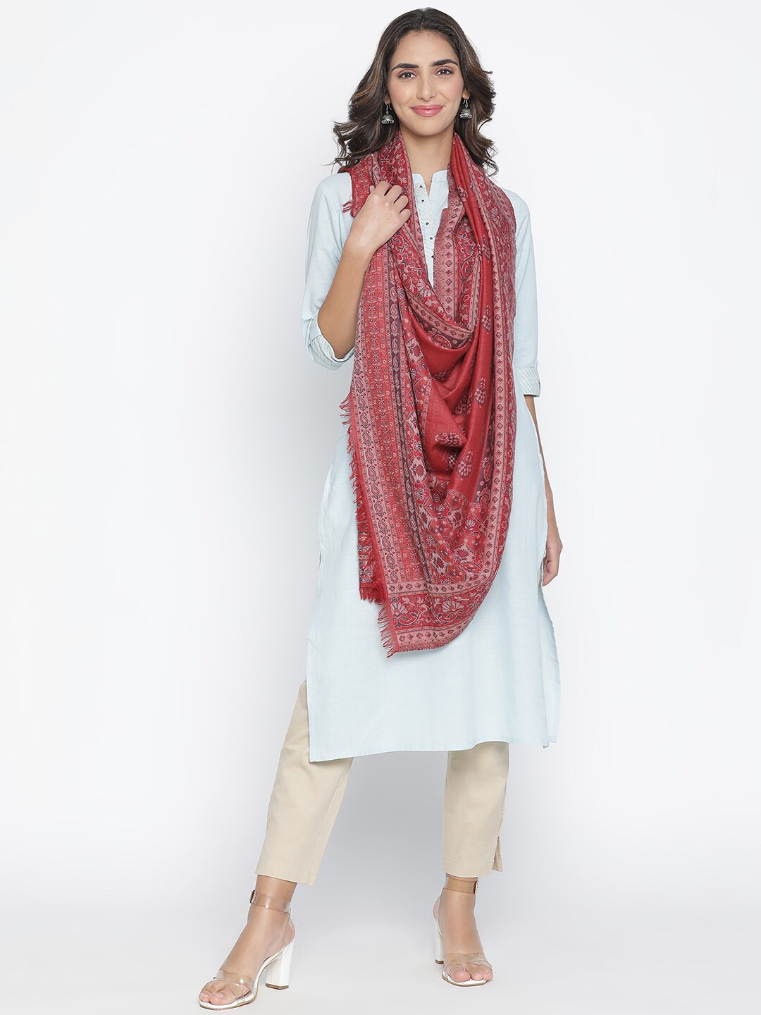 

SHINGORA Women Red & Pink Woven-Design Pure Wool Shawl