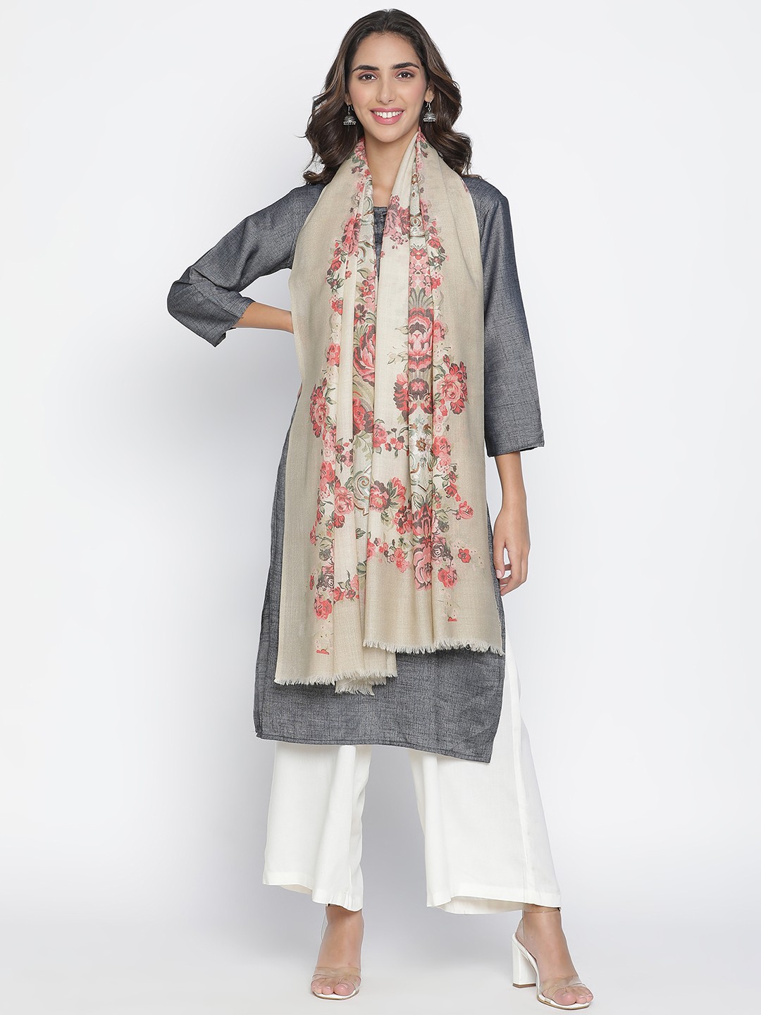 

SHINGORA Women Beige & Red Floral Embroidered Woollen Shawl