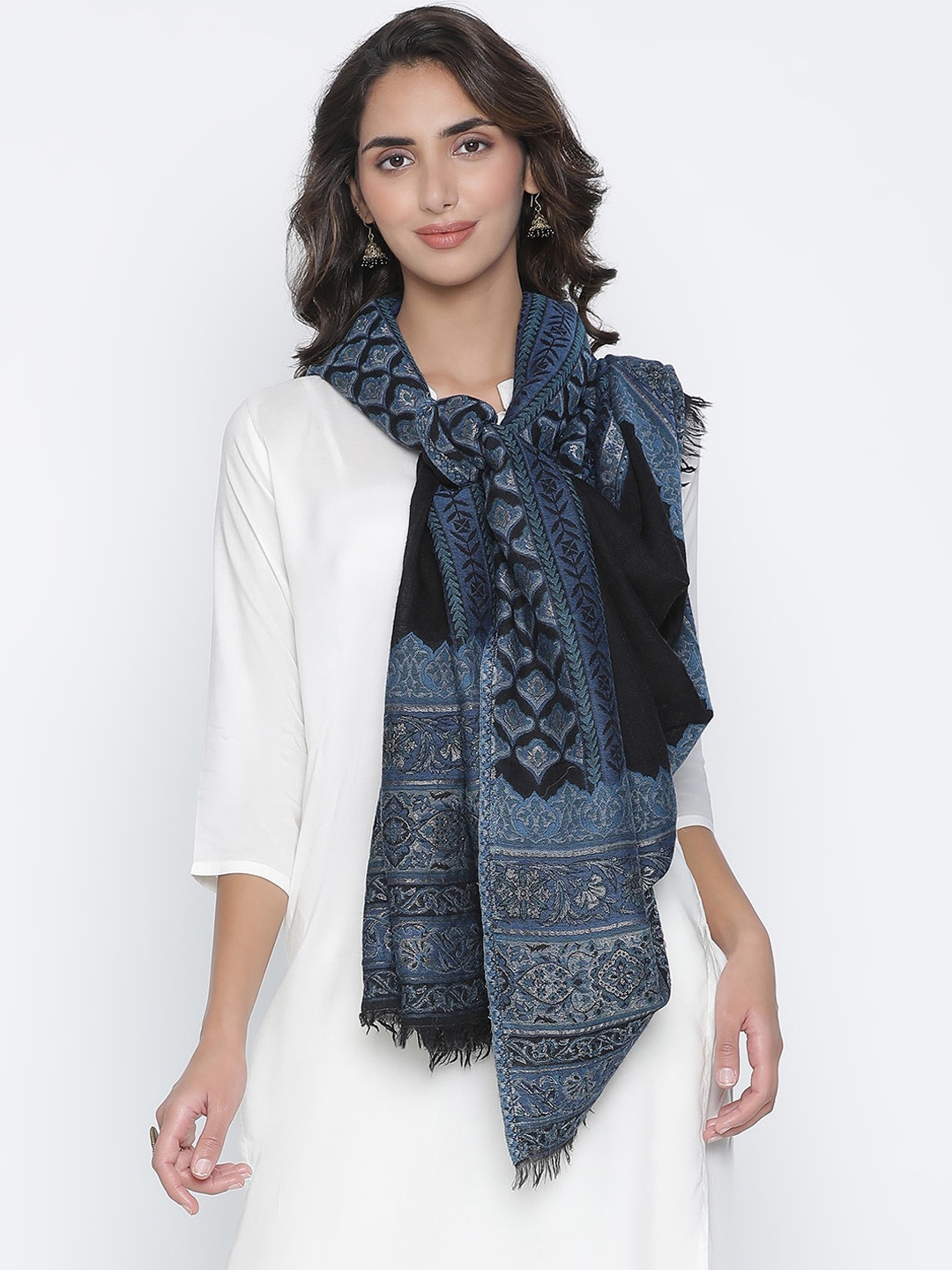 

SHINGORA Women Black & Blue Woven-Design Shawl