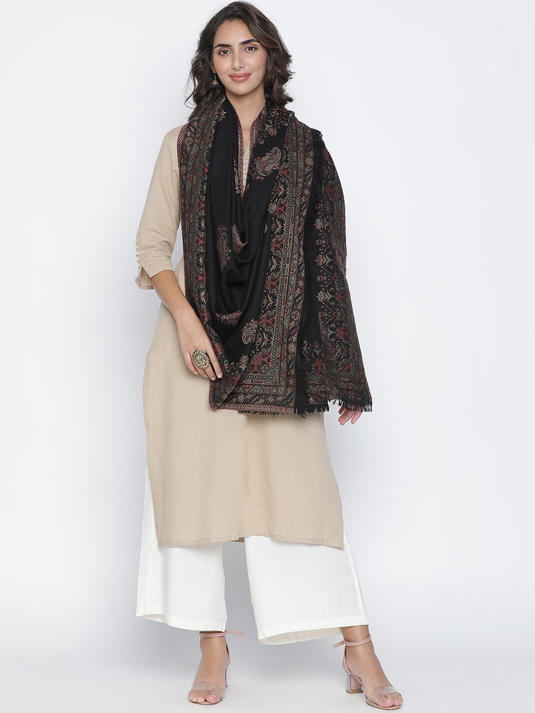 

SHINGORA Women Black & Cream Woven Design Shawl