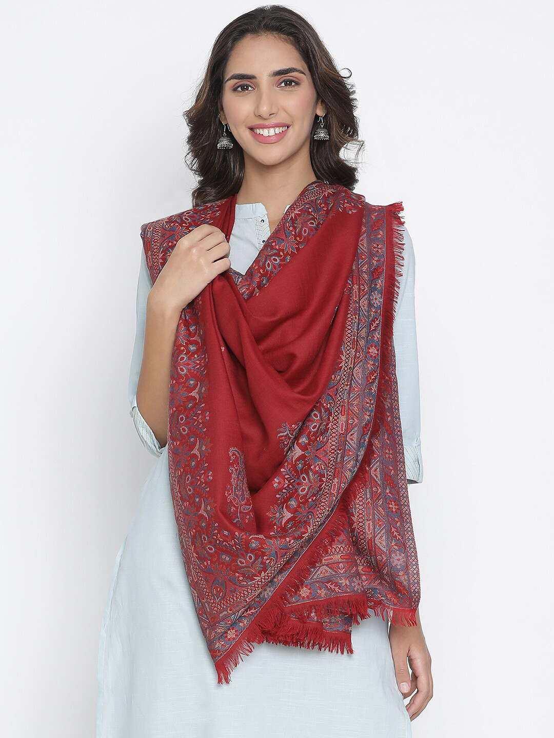 

SHINGORA Women Maroon & Blue Ethnic Motif-Printed Woven-Design Shawl