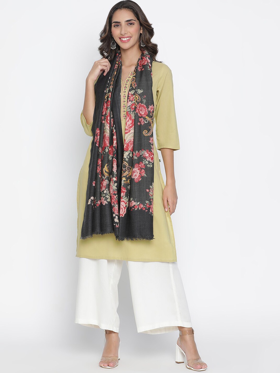 

SHINGORA Women Black & Pink Floral Embroidered Pure Wool Shawl