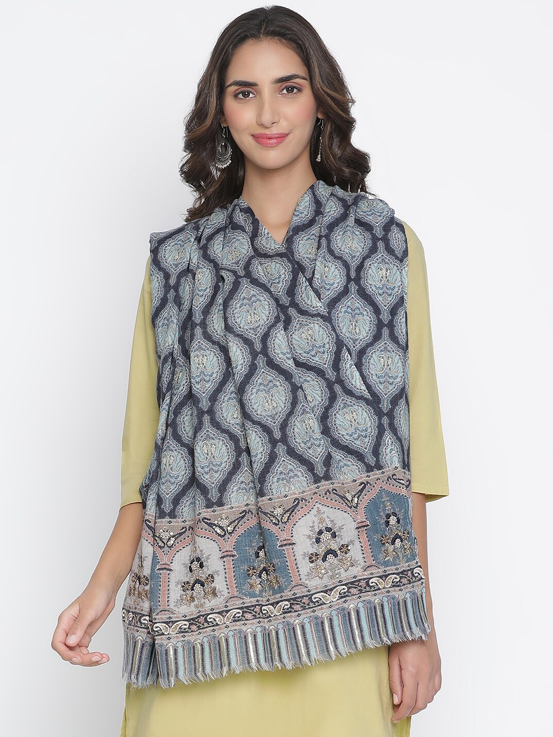 

SHINGORA Women Blue & Beige Embroidered Woolen Shawl