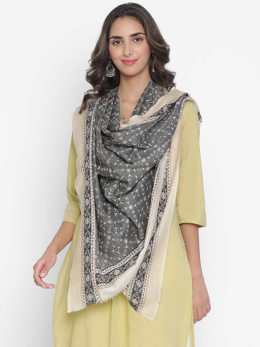 

SHINGORA Women Grey & Beige Embroidered Pure Woolen Shawl