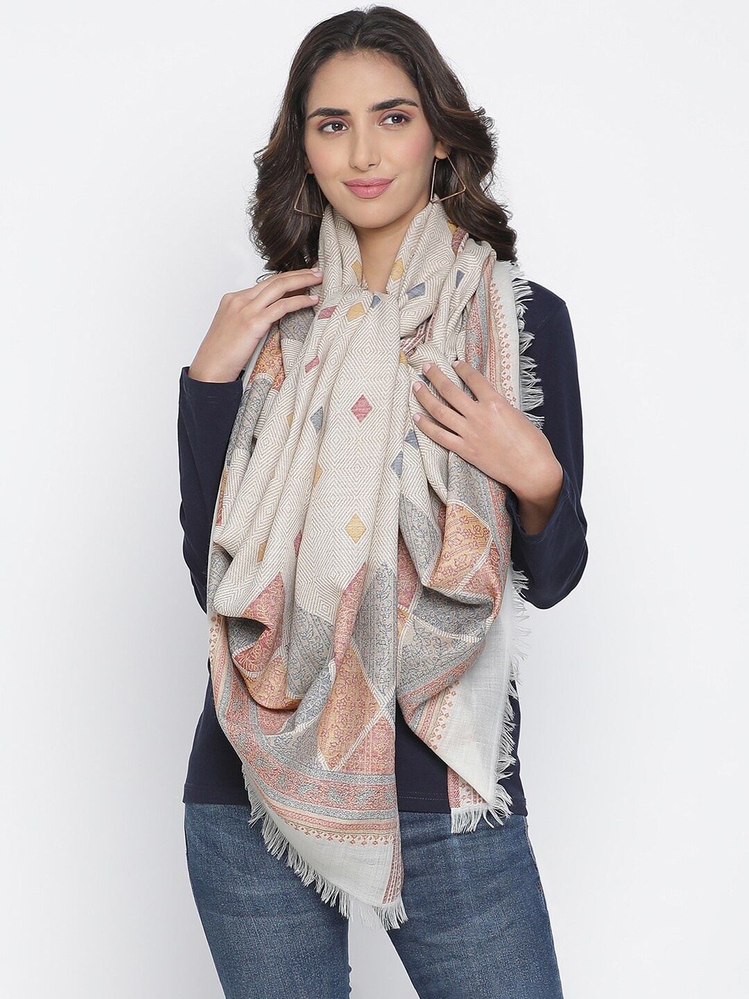 

SHINGORA Women Beige & Pink Geometric Design Woven Pure Wool Shawl