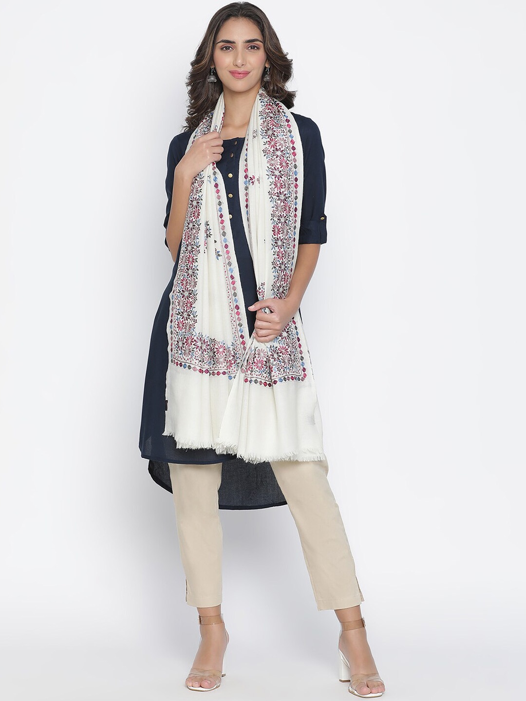 

SHINGORA Women White & Pink Embroidered Pure Woolen Shawl