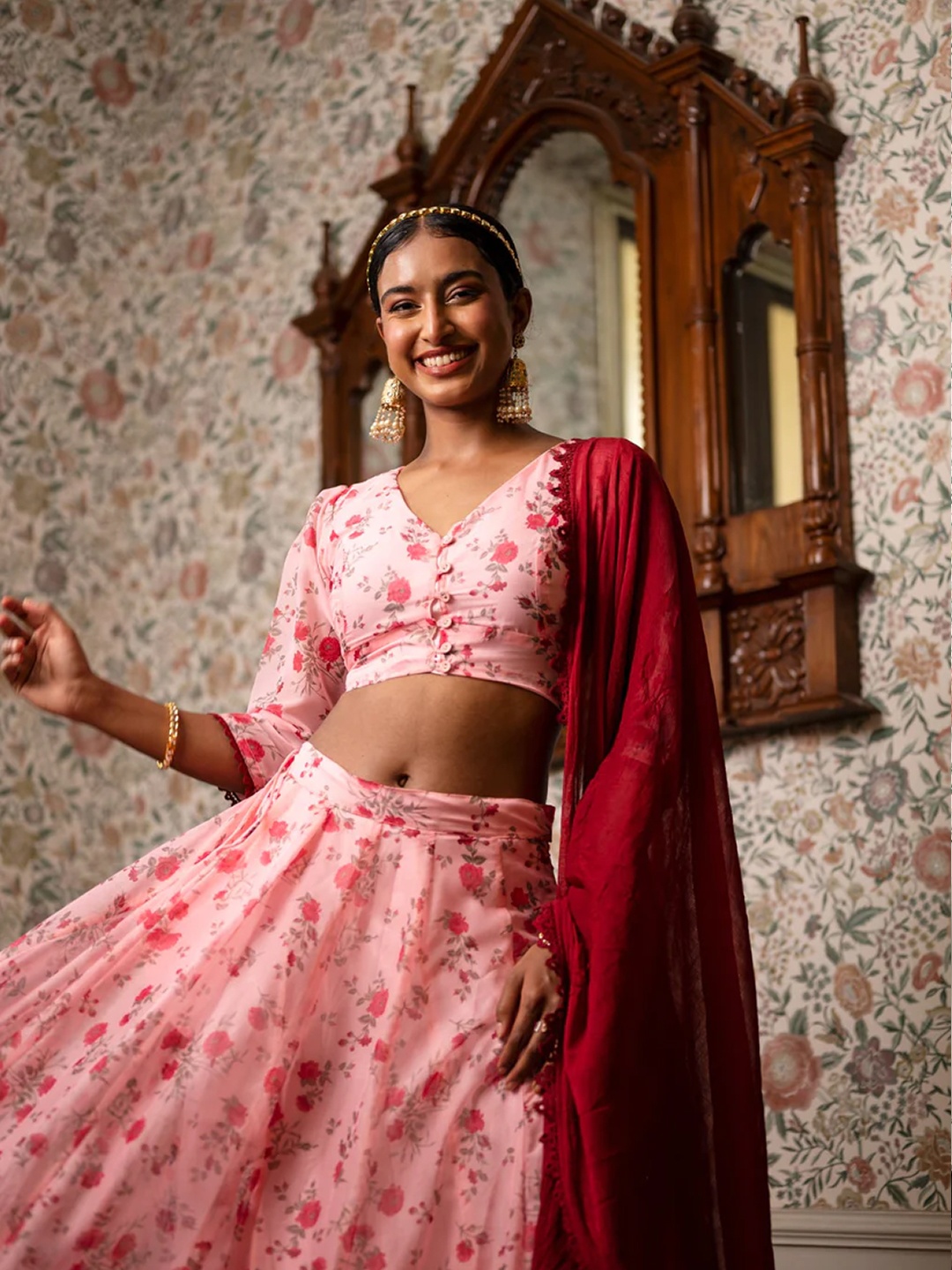 

Saaki Pink & Maroon Printed Ready to Wear Lehenga & Blouse With Dupatta