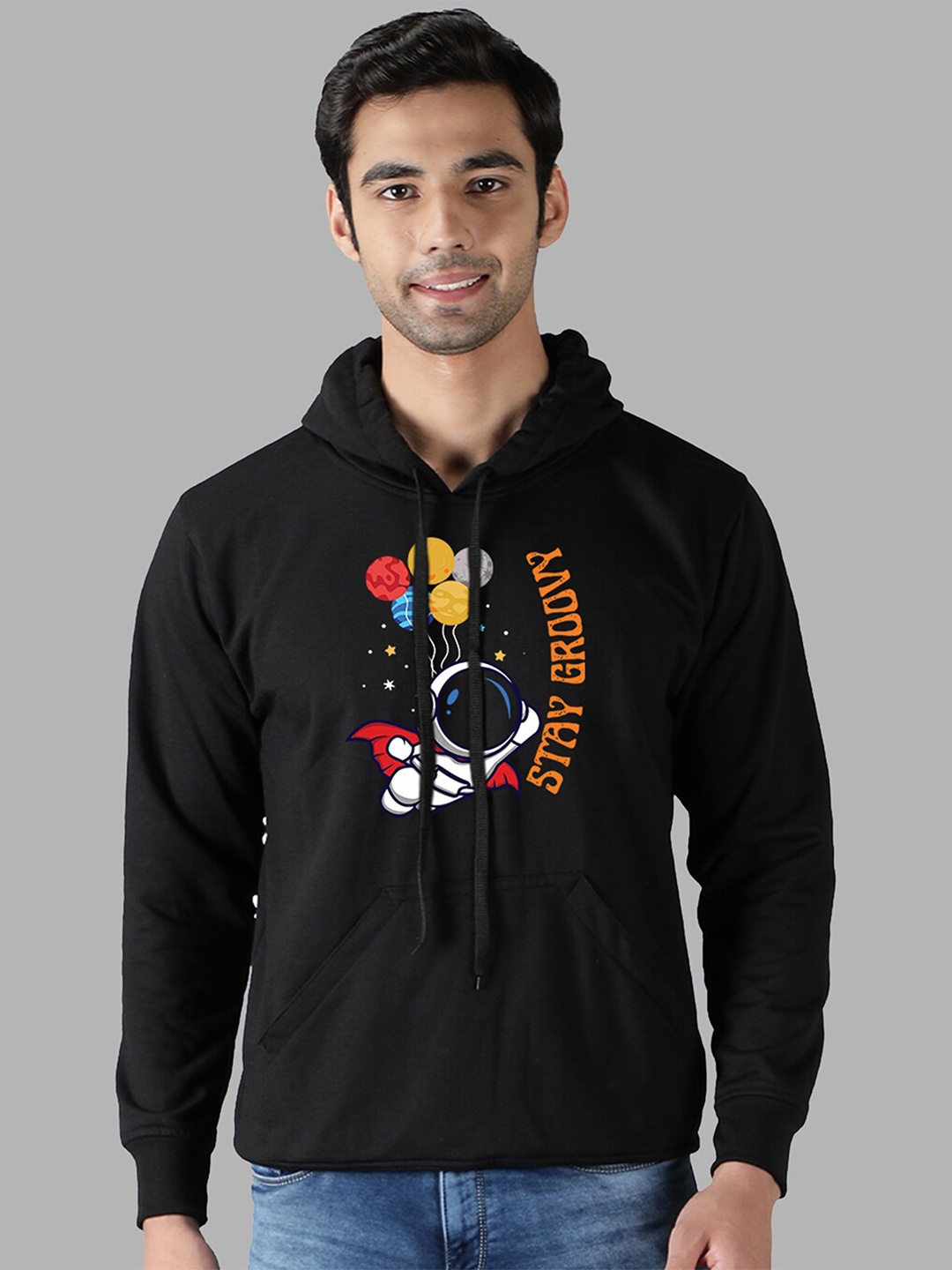 

Mad Over Print Men Black Printed Hooded Sweatshirt