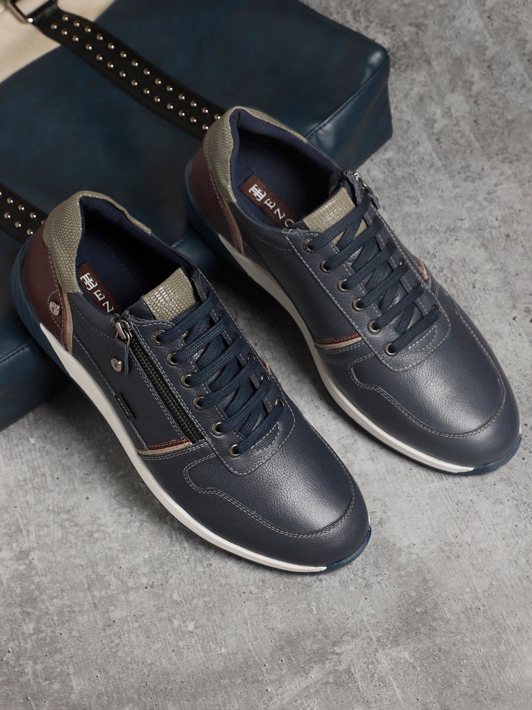 

EZOK Men Blue Textured Leather Sneakers
