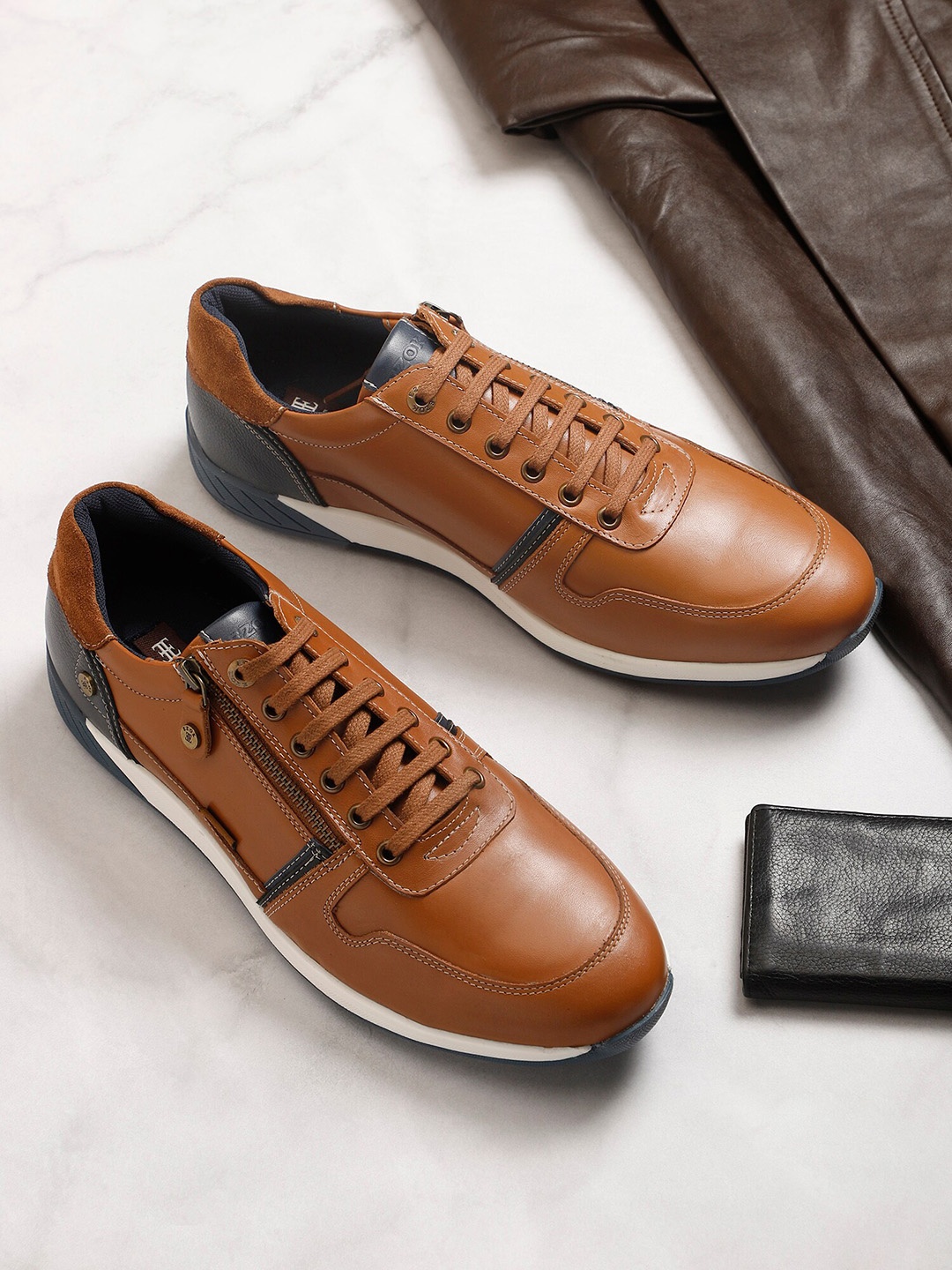 

EZOK Men Tan Colourblocked Leather Sneakers