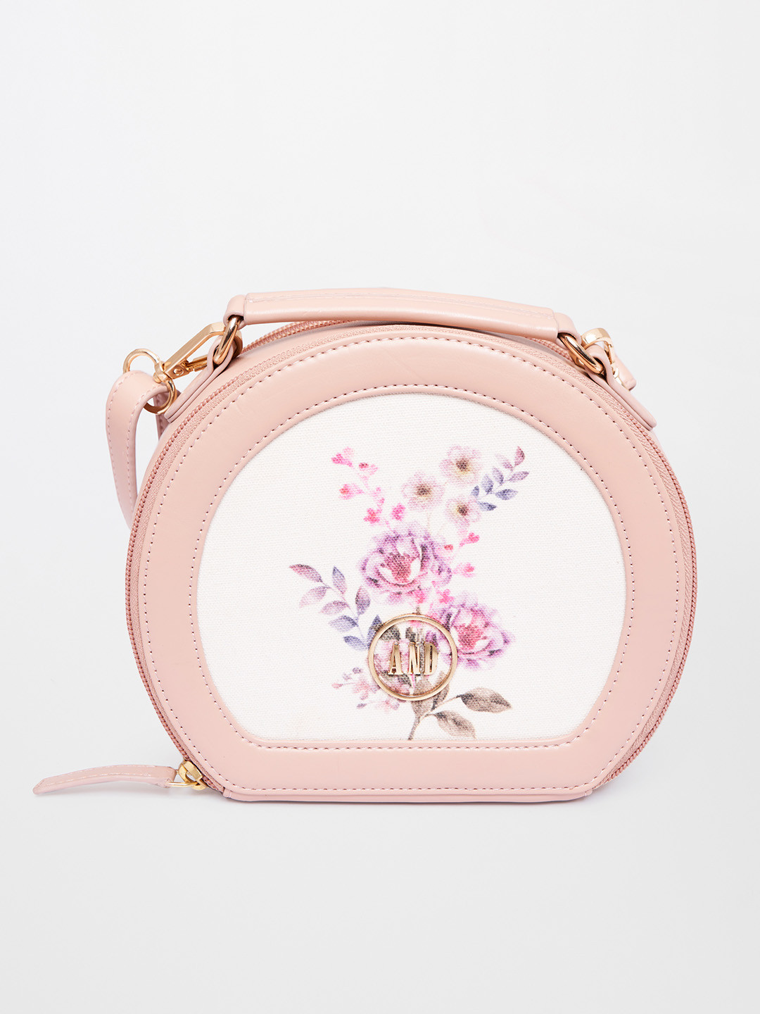 

AND Women Peach Coloured Floral Printed Half Moon Sling Bag, Nude