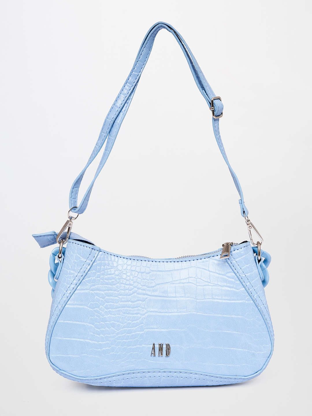 

AND Women Blue Textured PU Half Moon Shoulder Bag