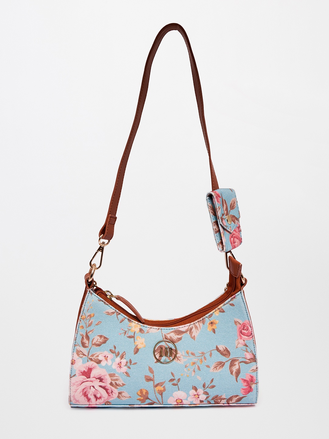 

AND Women Blue Floral Printed Half Moon Shoulder Bag