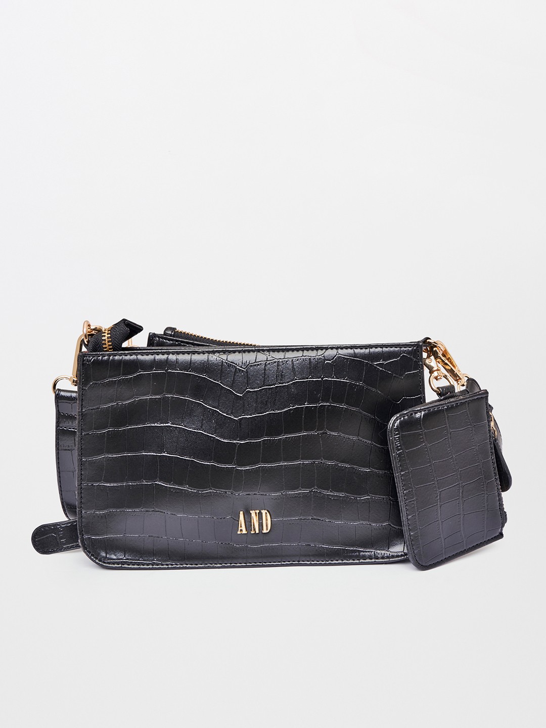 

AND Black Textured PU Structured Sling Bag With Pouch