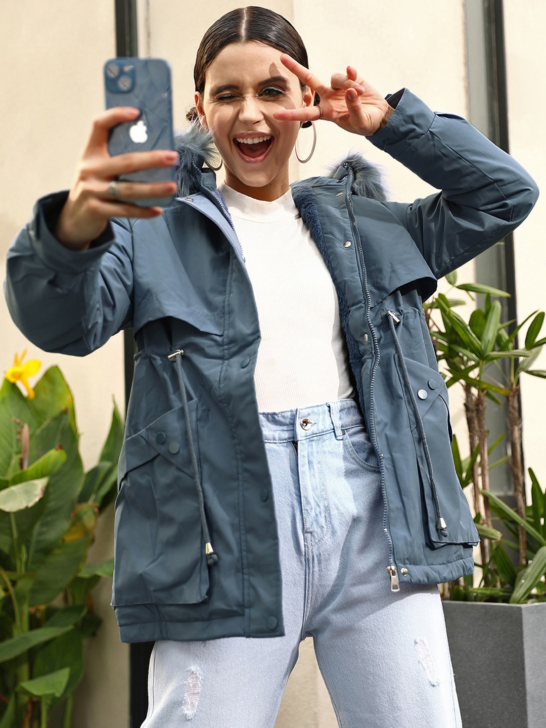 

STREET 9 Women Blue Longline Parka Jacket