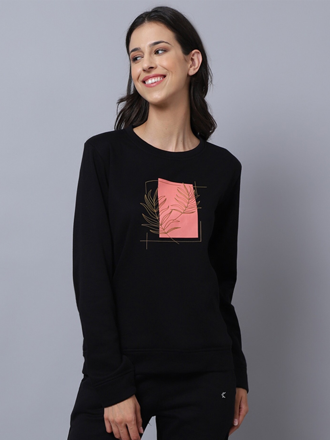 

Kanvin Women Black Printed Cotton Sweatshirt