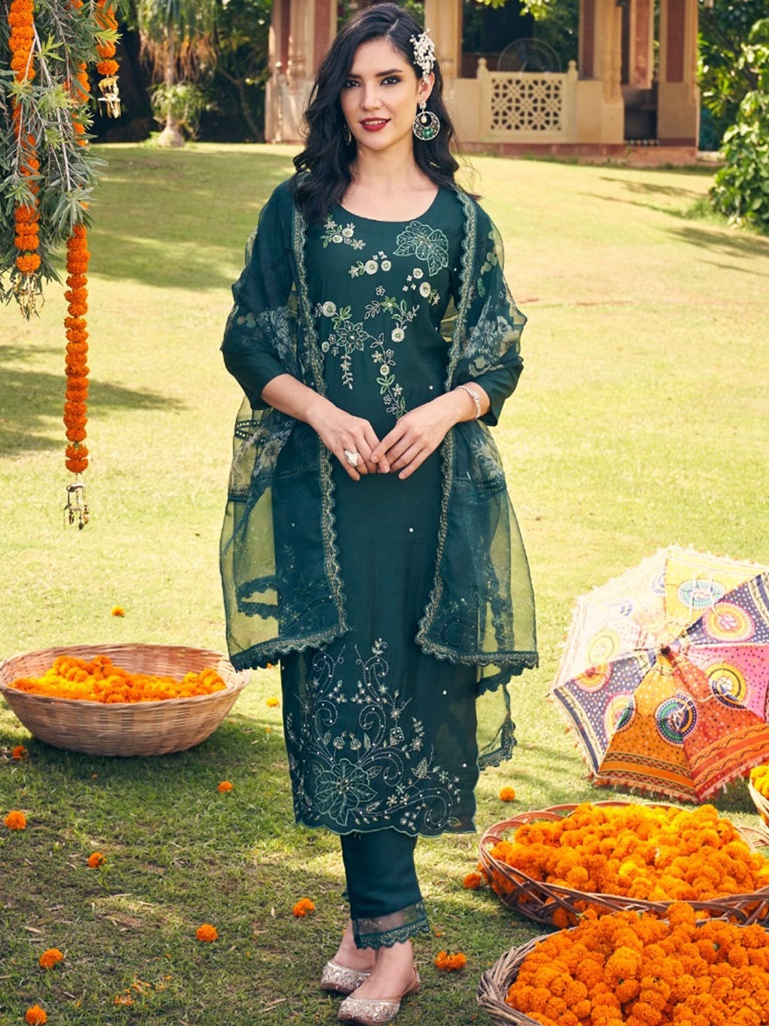

AUTUMN LANE Women Green Floral Embroidered Kurta with Trousers & Dupatta