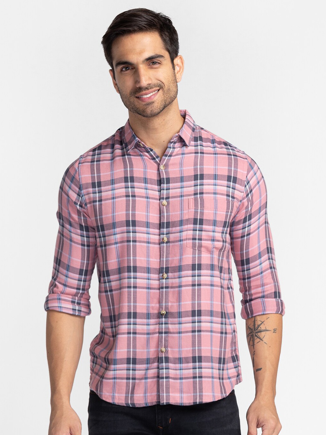 

Globus Men Pink Comfort Tartan Checked Pure Cotton Casual Shirt