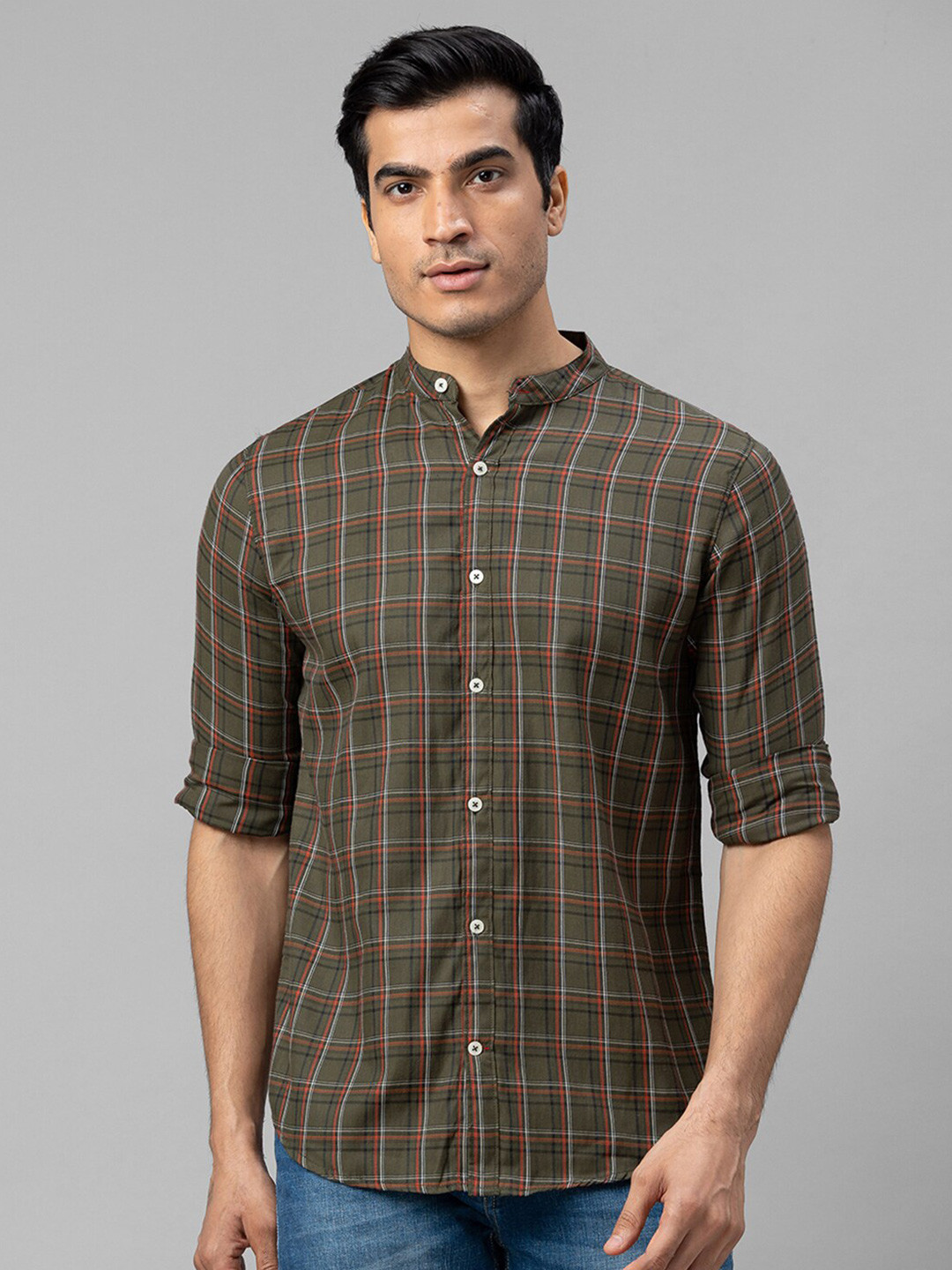 

Globus Men Comfort Tartan Checked Pure Cotton Casual Shirt, Olive