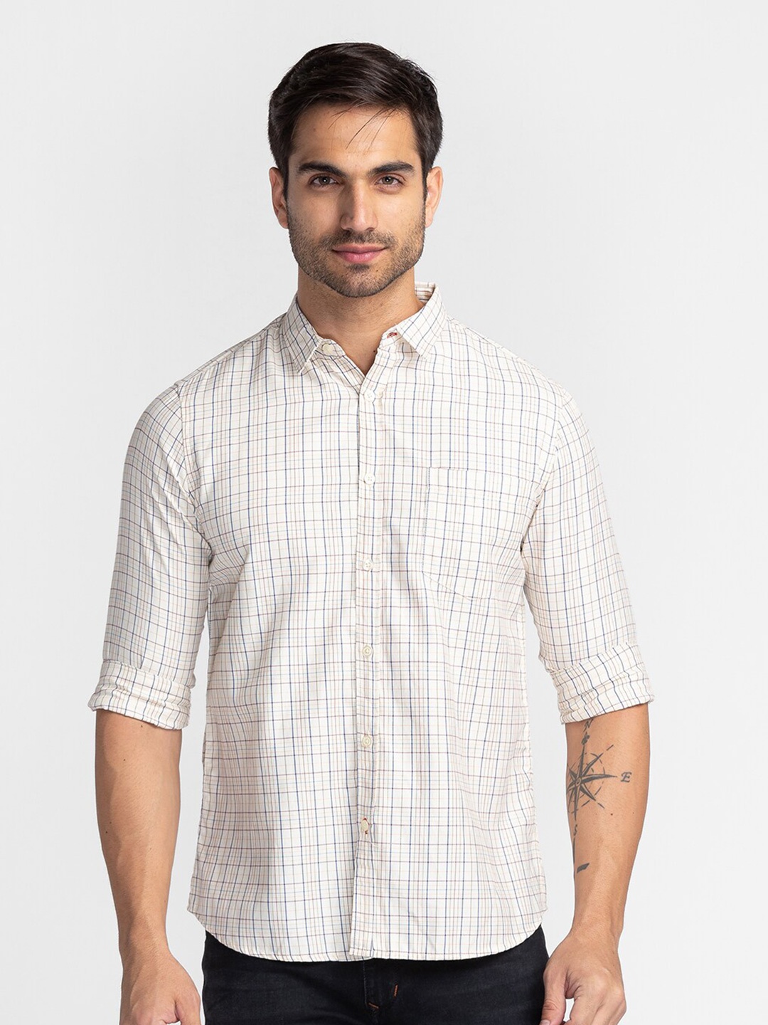 

Globus Men Off White Comfort Checked Pure Cotton Casual Shirt