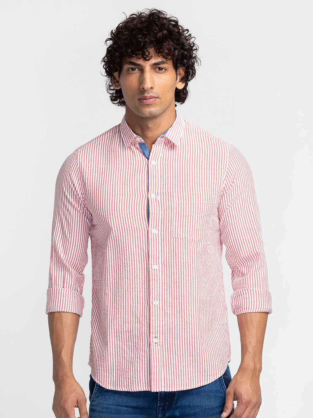 

Globus Men Pink Comfort Striped Pure Cotton Casual Shirt