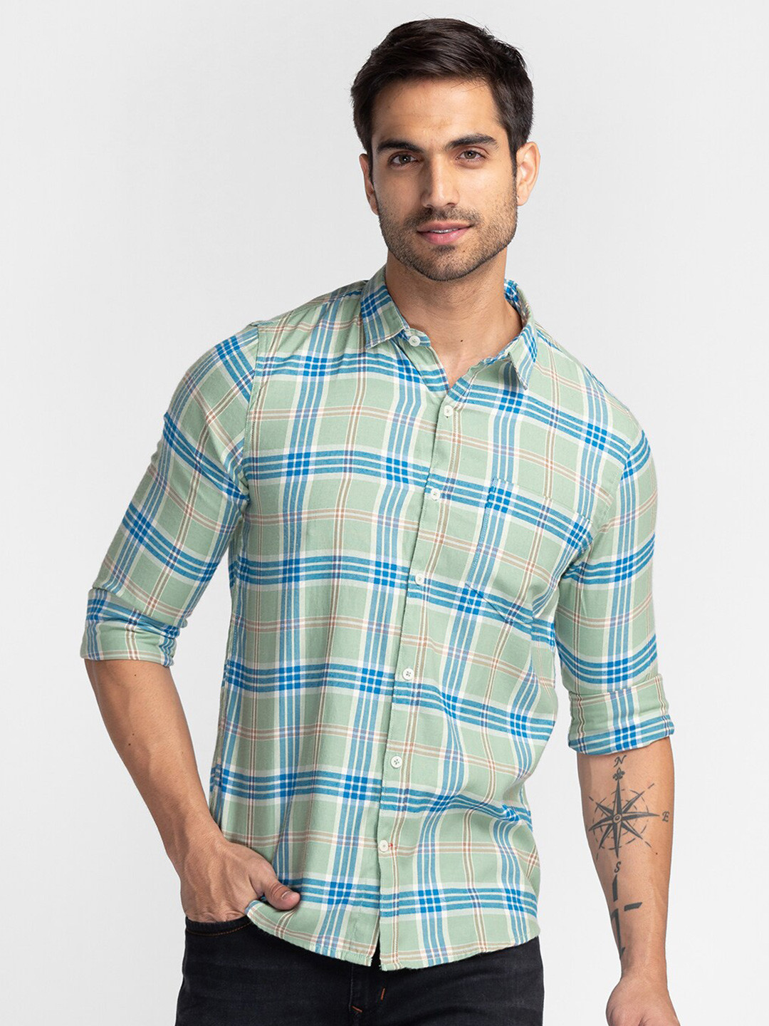 

Globus Men Green Comfort Tartan Checked Pure Cotton Casual Shirt