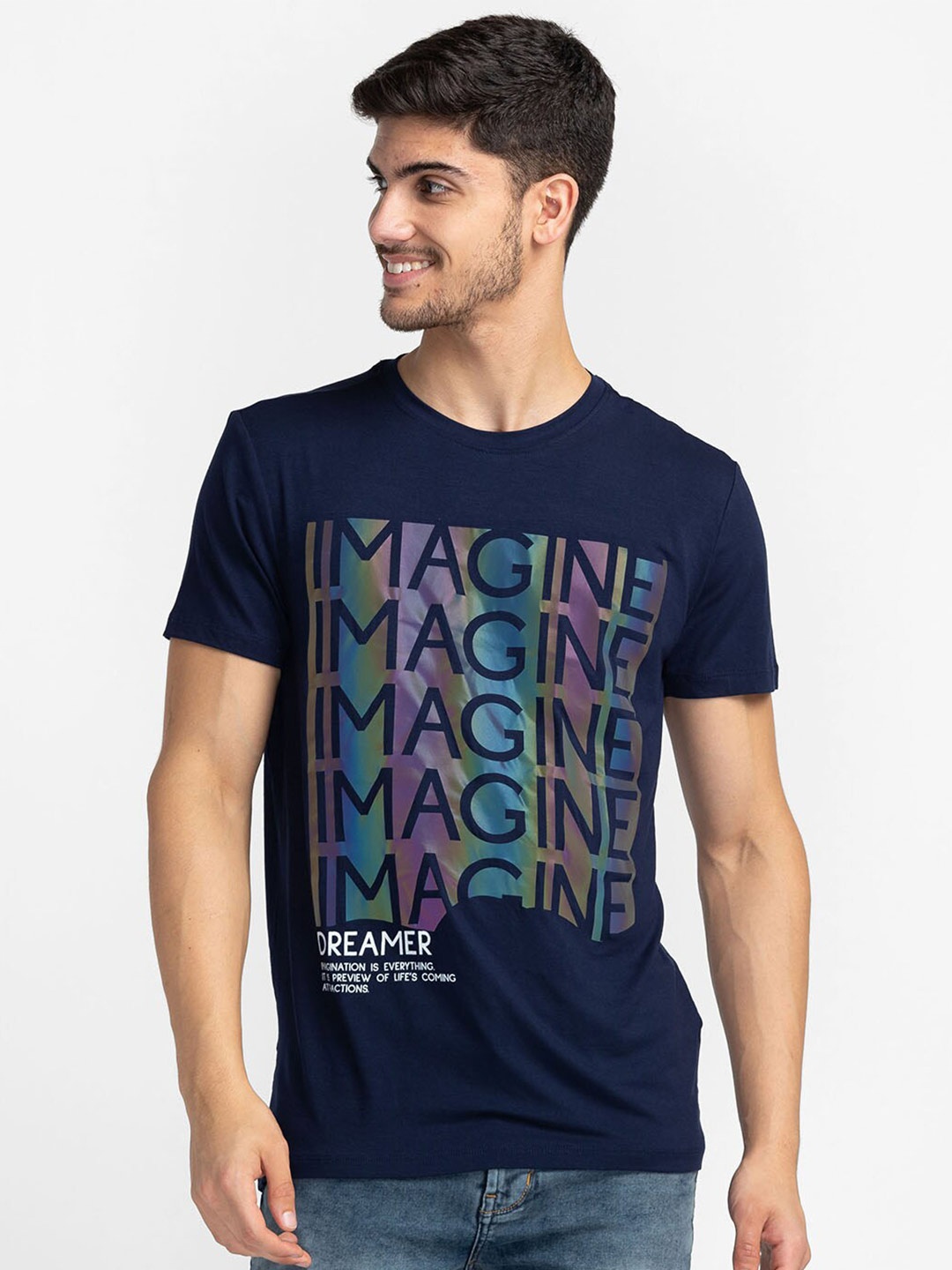

Globus Men Cotton Navy Blue Typography Printed T-shirt