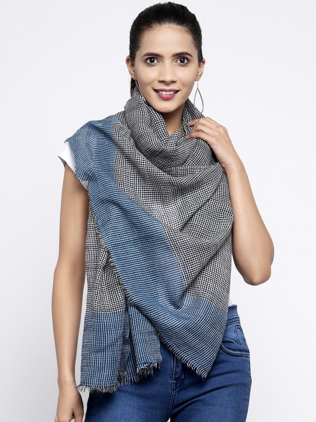 

Calvadoss Blue & Black Checked Woven Design Pure Wool Shawl, White