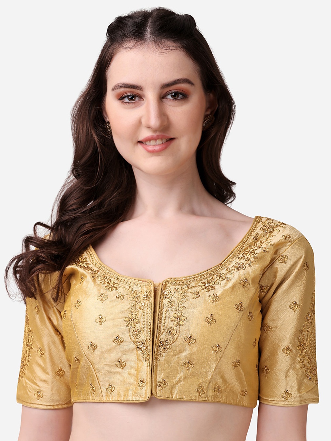 

PUJIA MILLS Women Golden Embroidery Silk Saree Blouse, Gold