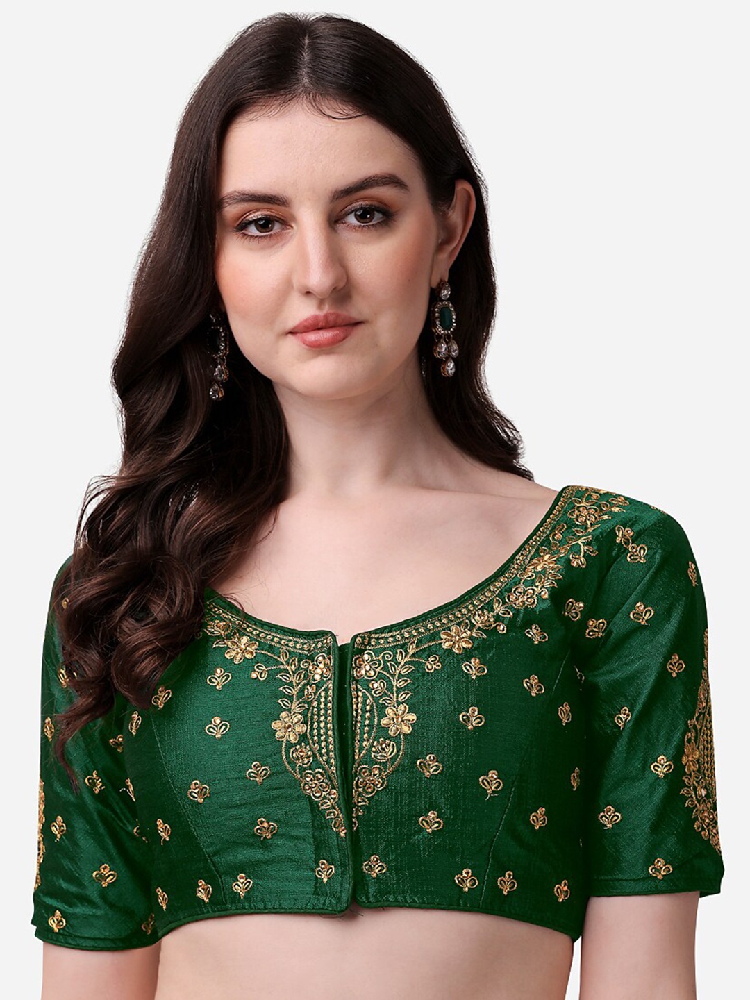 

PUJIA MILLS Women Green & Gold Embroidered Padded Saree Blouse