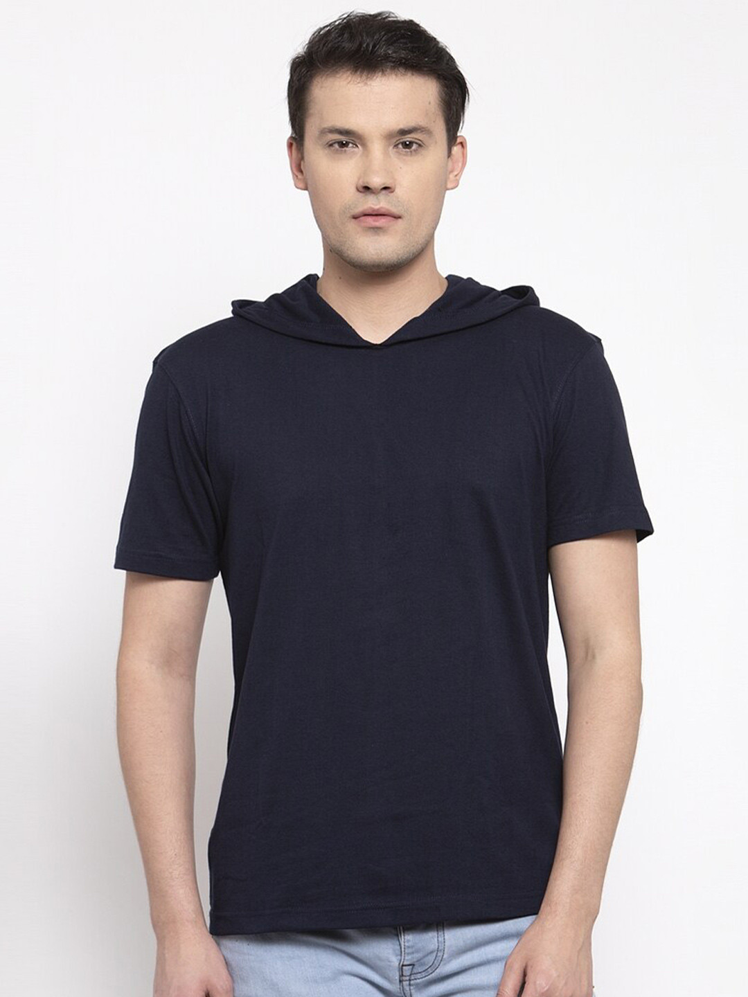 

Friskers Men Navy Blue Pure Cotton Hooded T-shirt
