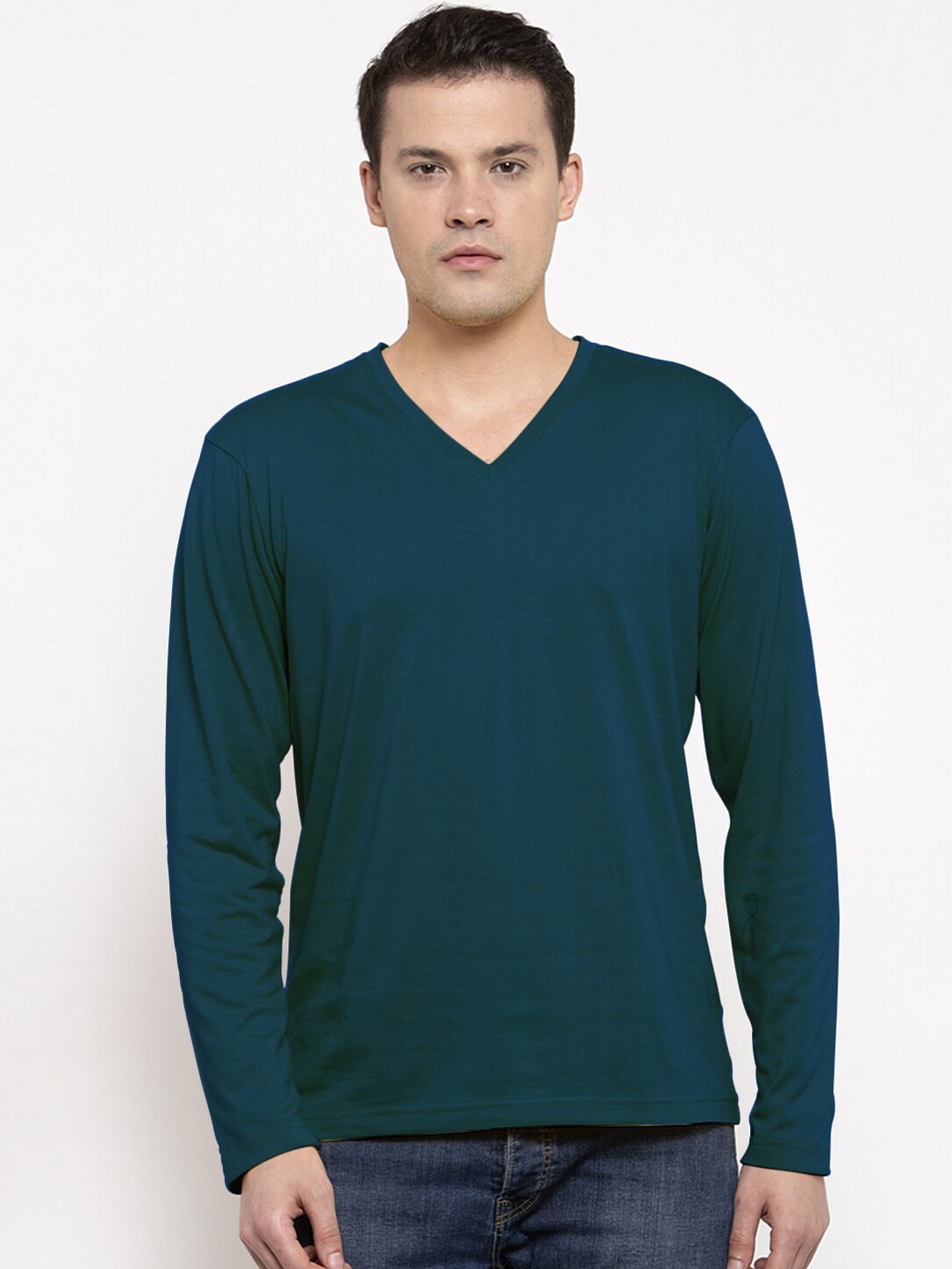 

Friskers Men Teal V-Neck Pure Cotton T-shirt