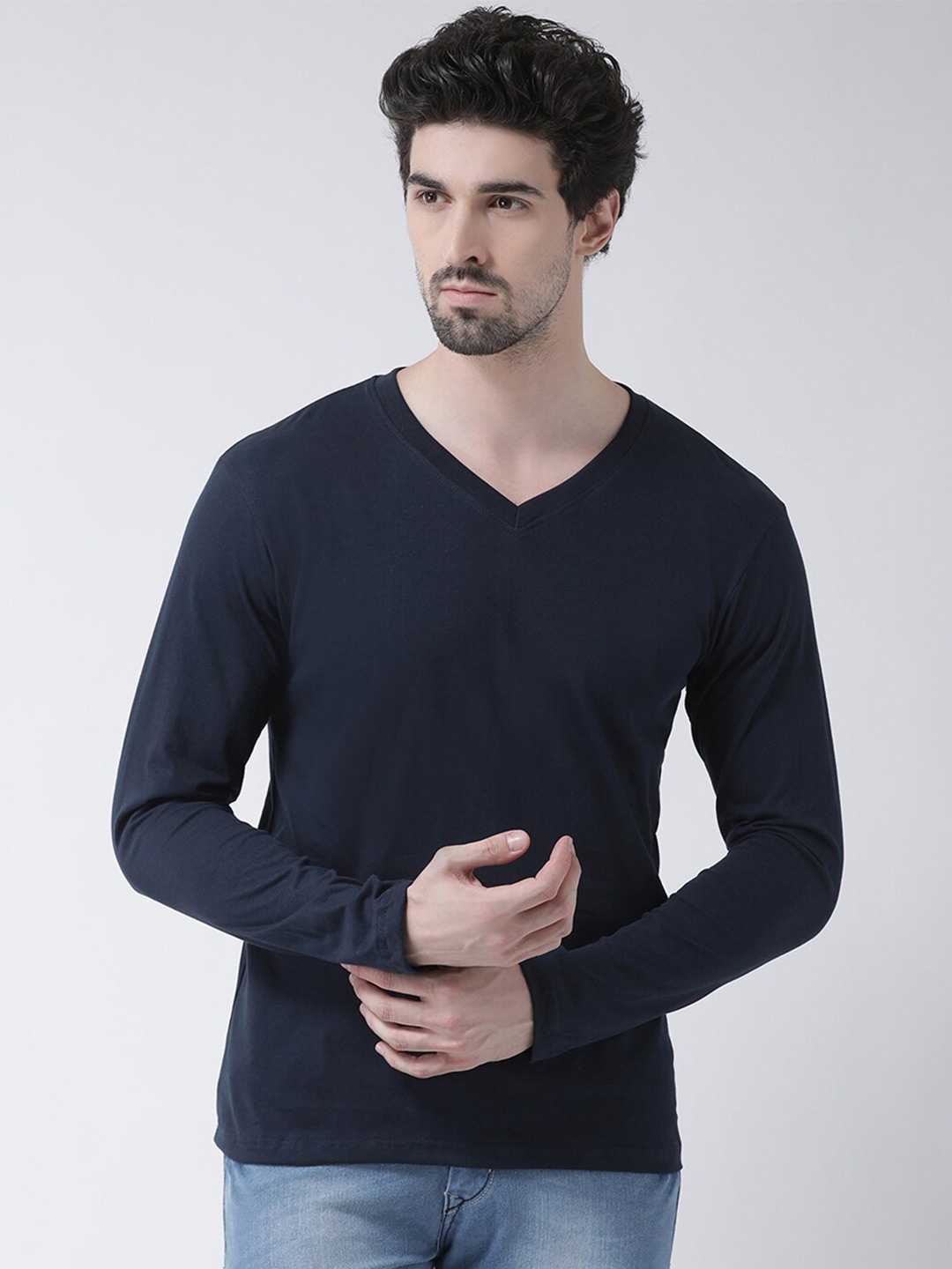 

Friskers Men Navy Blue V-Neck Pure Cotton T-shirt