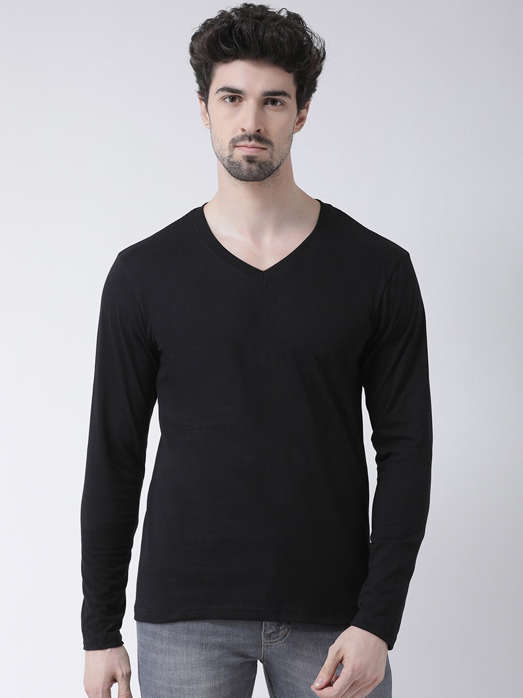 

Friskers Men Black V-Neck Pure Cotton T-shirt