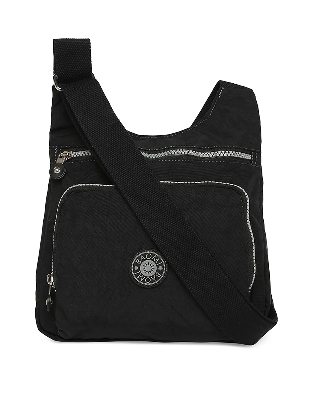 

BAOMI Black Oversized Structured Sling Bag with Applique
