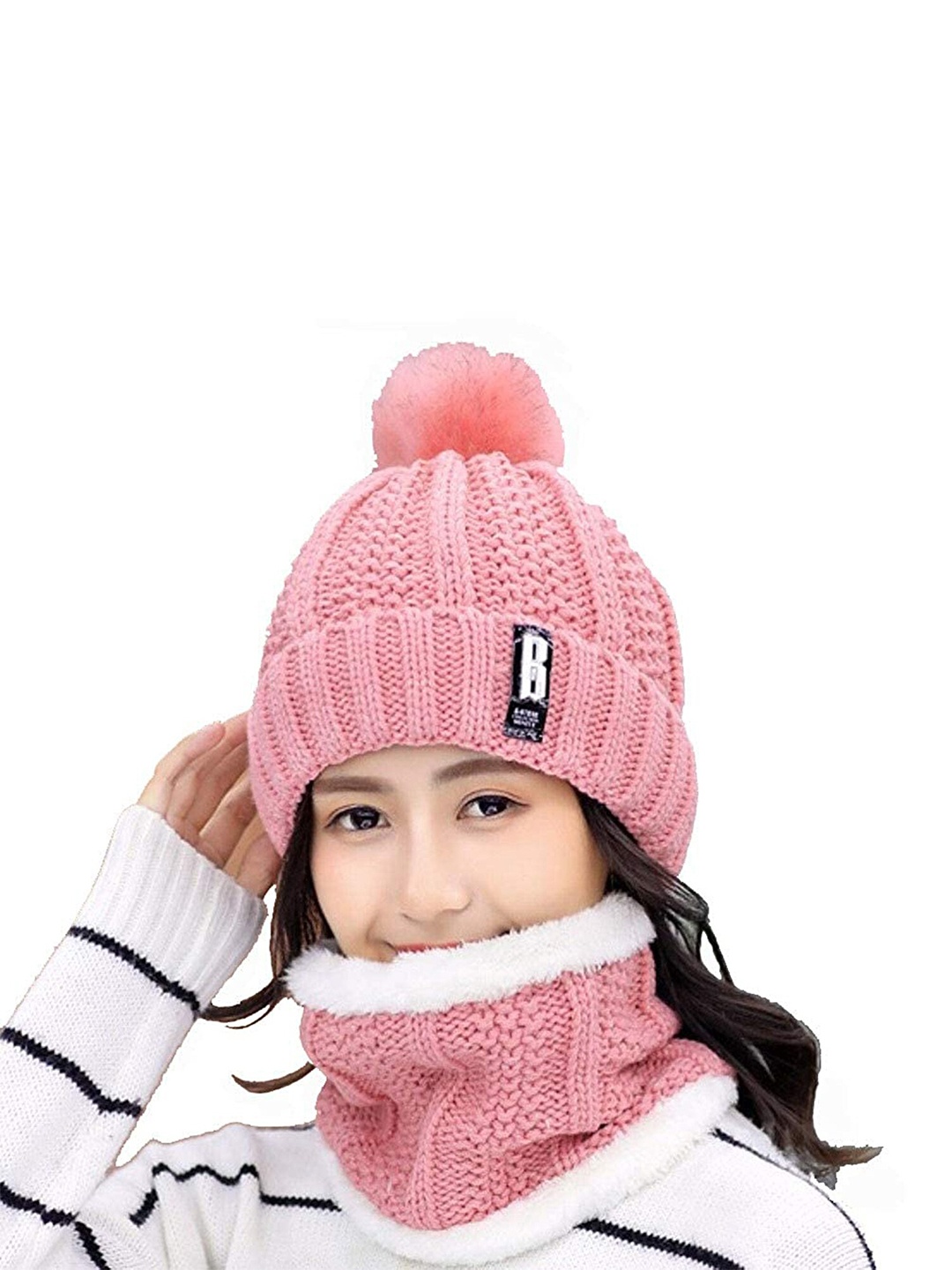 

Aadikart Women Pink & White Beanie Neck Warmer with Touch Screen Wool Gloves