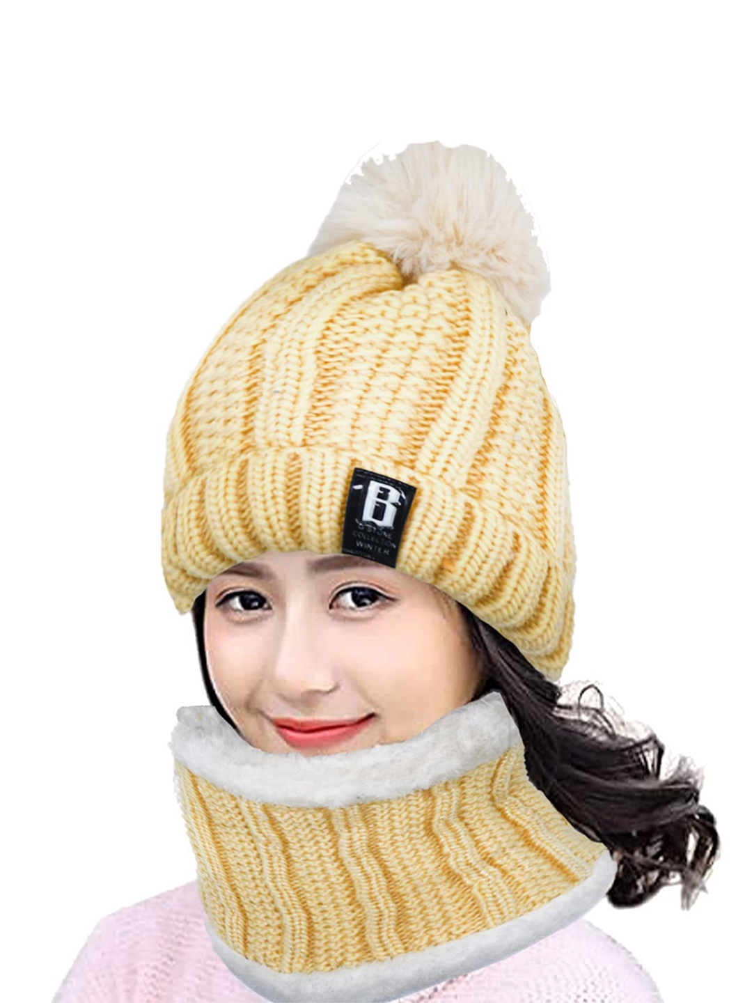 

Aadikart Women Beige & White Beanie Neck Warmer with Touch Screen Wool Gloves