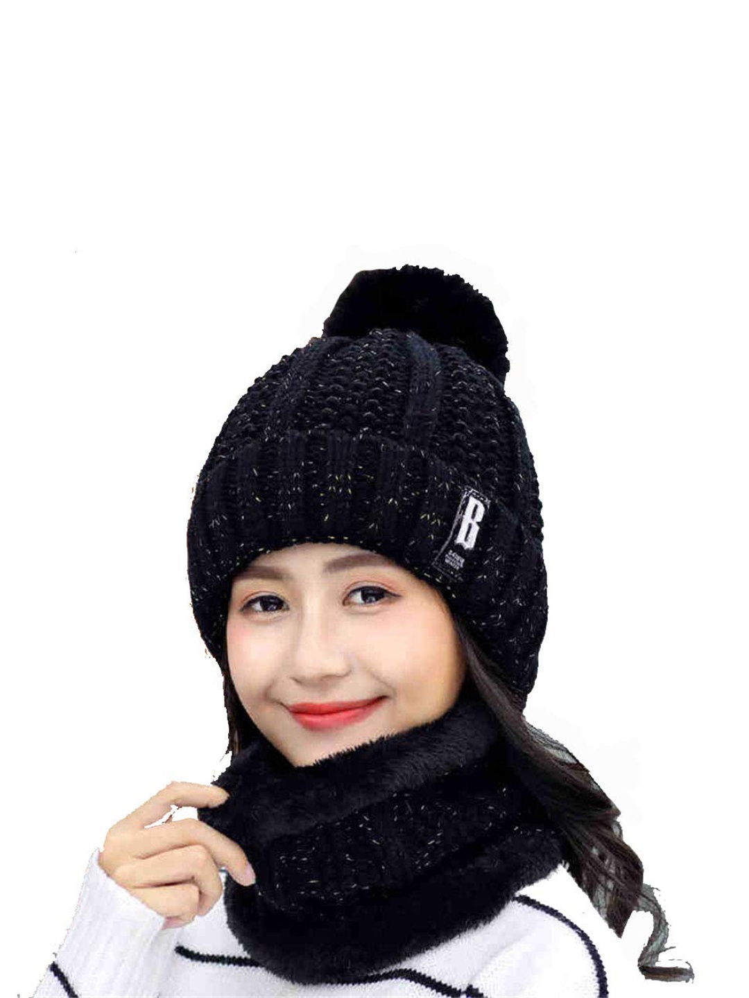 

Aadikart Women Black Pompom Winter Beanie Neck Muffler