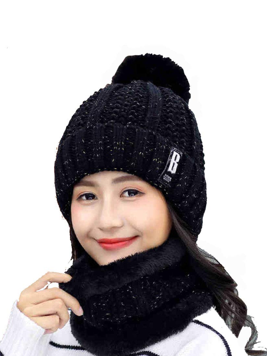 

Aadikart Women Black Beanie Neck Warmer with Touch Screen Wool Gloves