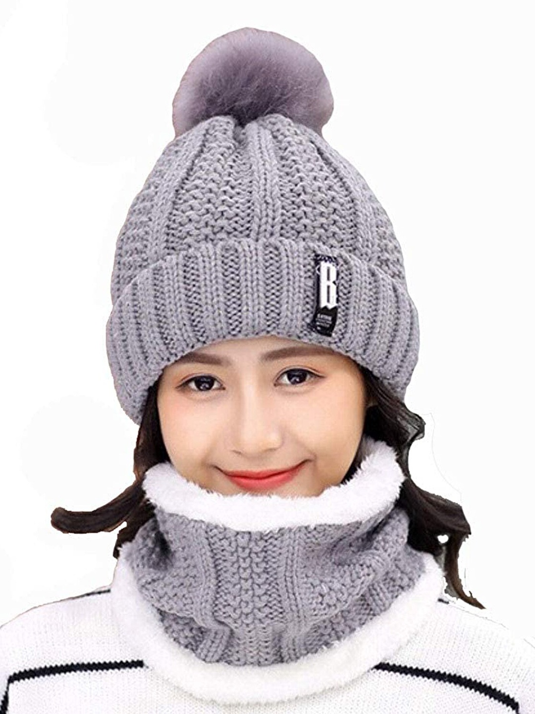 

Aadikart Women Grey & White Beanie Neck Warmer with Touch Screen Wool Gloves